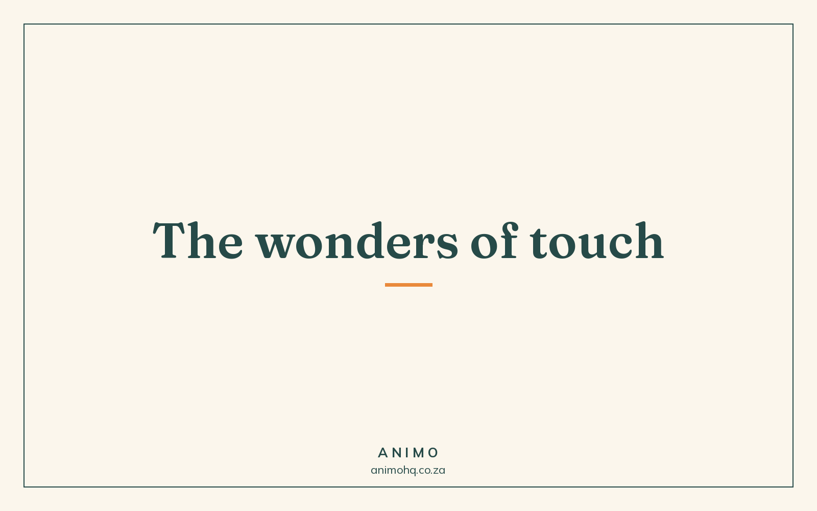 Animo card in cream reading: The wonders of touch.
